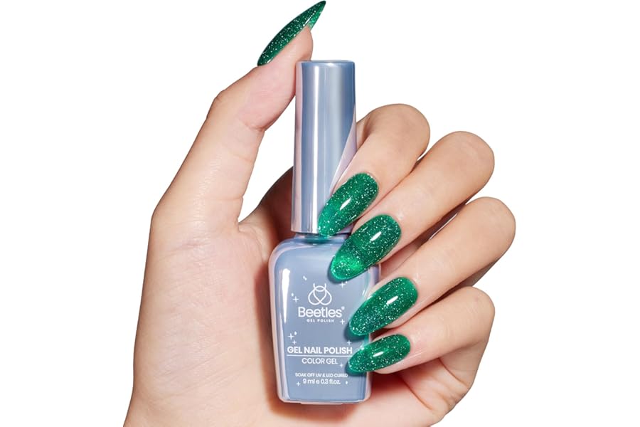 Beetles Green Gel Nail Polish, Glitter Shimmer Green Gel Polish Spring Soak Off Gel Polish, UV Light Cure for Nail Art DIY Manicure at Home