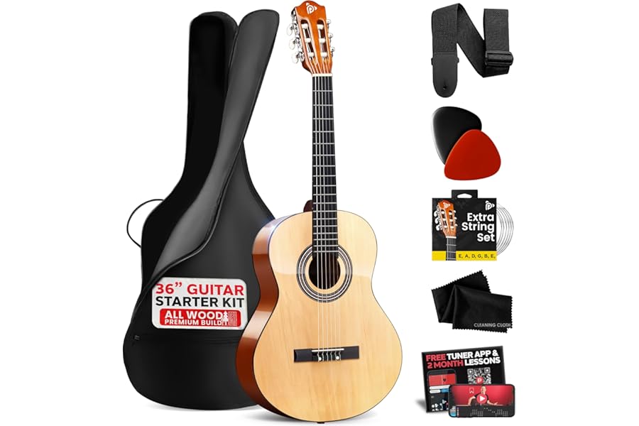 Beginner 36” Classical Acoustic Guitar - 3/4 Junior Size 6 String Linden Wood Guitar w/Gig Bag, Tuner, Nylon Strings, Picks, Strap, For Beginners, Adults