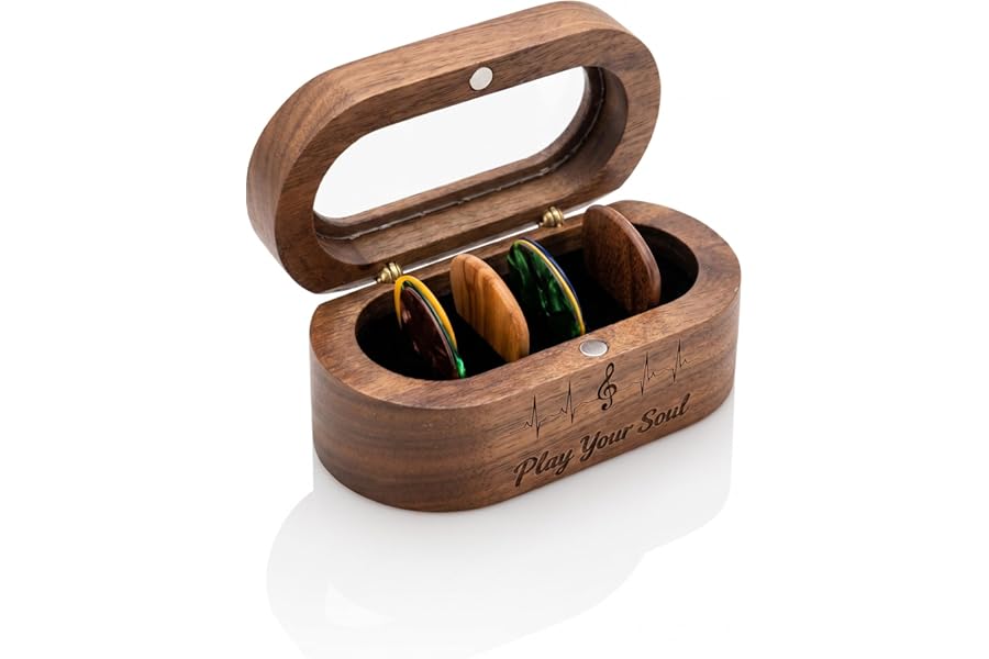 BenChiRealm Wooden Guitar Pick Holder Case Set with 8 Picks（Natural） | Natural wood guitar pick case with magnetic lid, clear window, engraved design, 8 picks, and suede pouch for guitarists