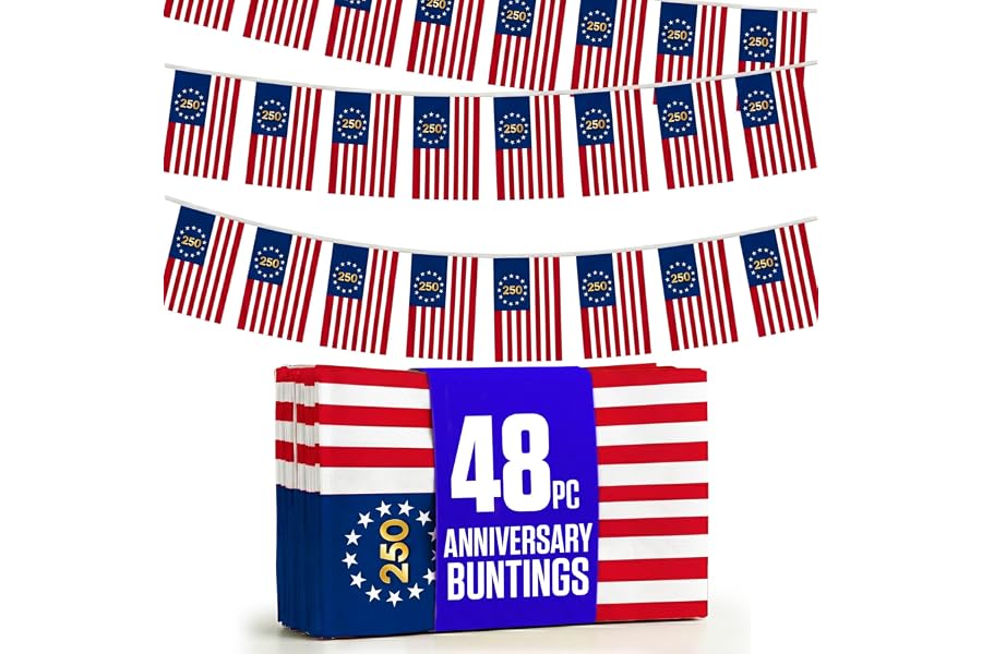 Betsy Ross Flag Bunting 48Pcs Flags 14x21cm String - 49ft Double-sided printed with Polyester Rope - 13 Stars Colonial Banner For 4th of July 250th Anniversary, Soccer 2026 & Game Day Decor