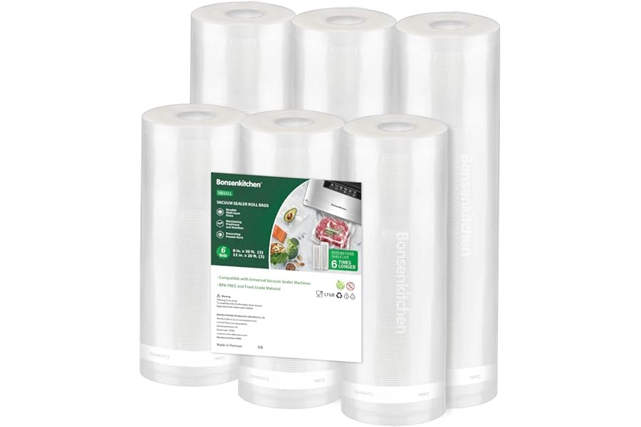 Bonsenkitchen Vacuum Sealer Rolls Bags, 6 Pack 3 Rolls 11" x 20' + 3 Rolls 8" x 20' Commercial Grade BPA Free Bag Rolls, Dura