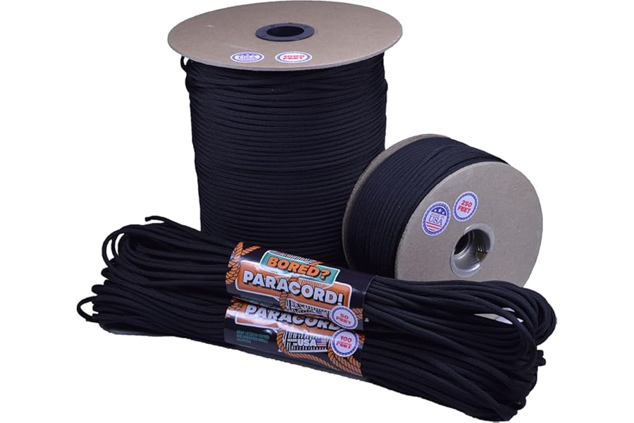 Bored Paracord - 1', 10', 25', 50', 100' Hanks & 250', 1000' Spools of Parachute 550 Cord Type III 7 Strand Paracord Well Over 300 Colors - Black - 10 Feet