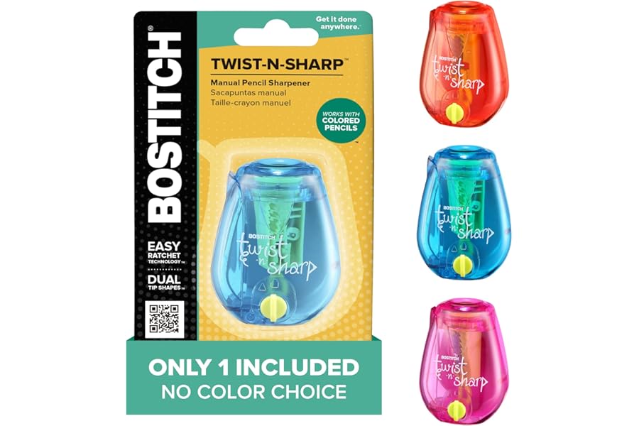 Bostitch Office Pencil Sharpener, Manual, One Assorted Color, Twist-n-Sharp, Kids, Boys, Girls, Colored Pencils, 1 Pack