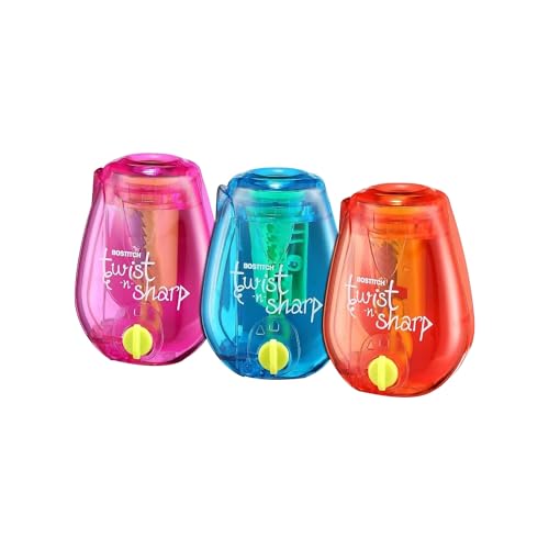 Bostitch Office Pencil Sharpener, Twist-N-Sharp, Easy Open Tray, Perfect for Kids, Works with Colored Pencils & Makeup Pencils, 3-Pack