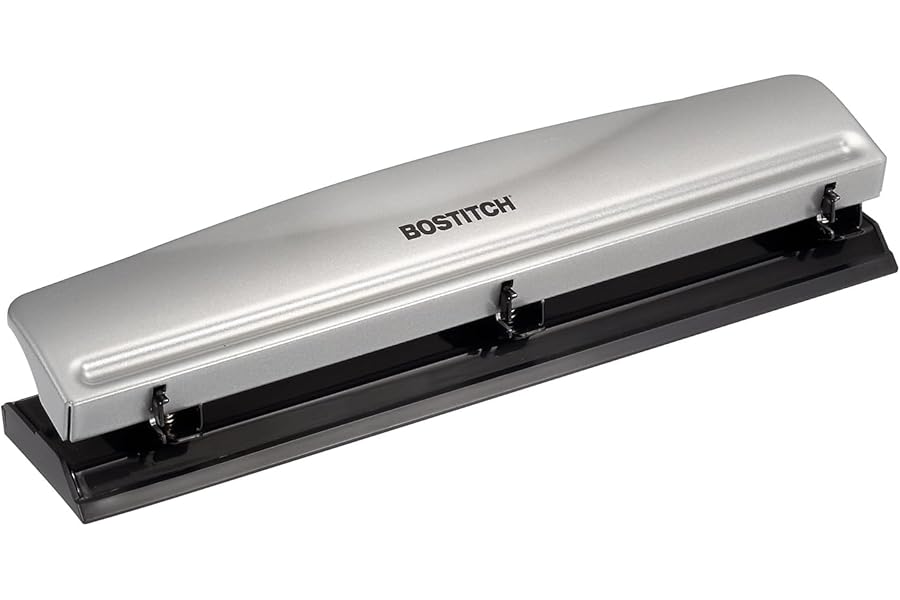 Bostitch Office Premium 3 Hole Punch, 12 Sheet Capacity, Metal, Rubber Base, Easy-Clean Tray, Silver