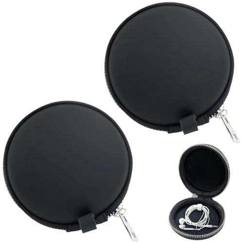 CALFOVERA 2PCS Round PU Leather Earbud Case Portable Headphone Ear Buds Storage Bag Mini Earphone Holder Wireless Headset Carrying Pouch Cell Phone Accessories Organizer for Smartphone Earpieces