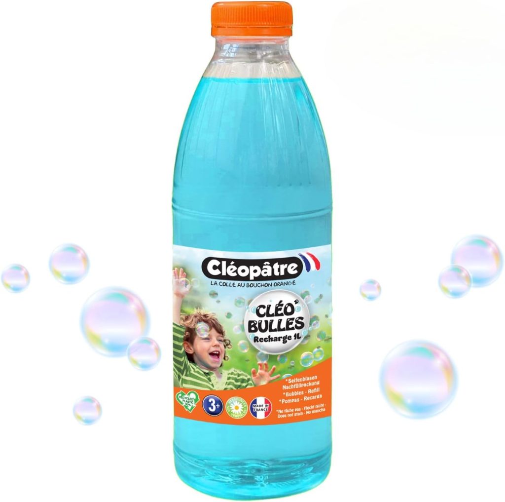 CLEOPATRE CLÉO’Bulles – Recharge Solution Bulles de Savon Bleue 1 L – Hypoallergénique – Fabriqué en France – Spécial pour Les Tout‑Petits – Compatible Machine à Bulles, Pistolet et Baguette