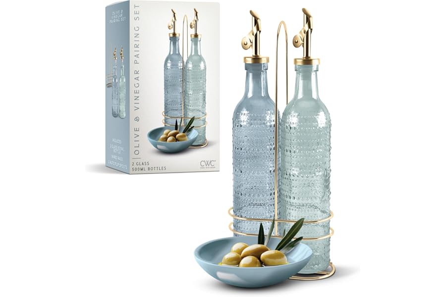 COOK WITH COLOR Glass Olive Oil Bottle Dispenser - 2 Pack- 17oz Oil and Vinegar Cruet - Olive Oil Carafe Decanter for Kitchen, Champagne Bubbles, Blue