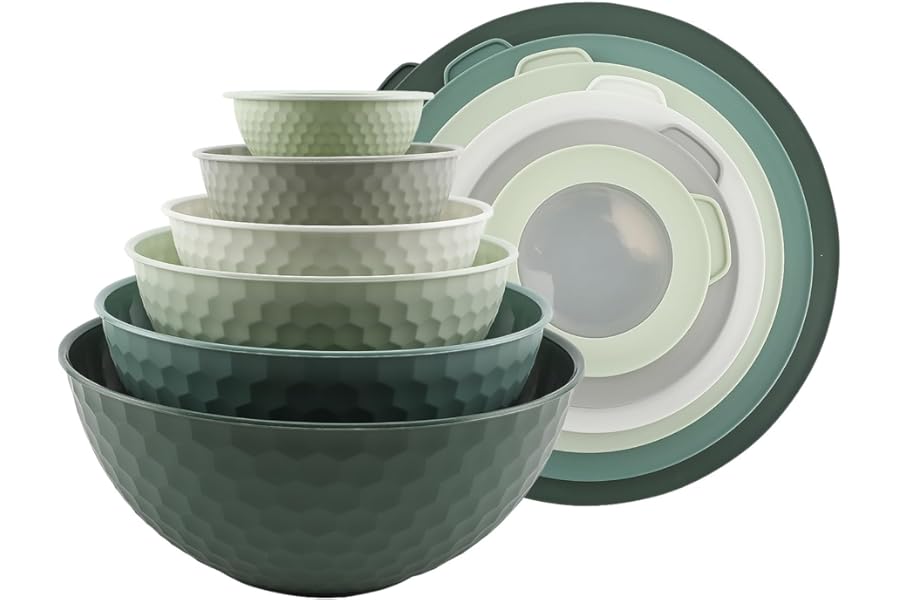 COOK WITH COLOR Mixing Bowls with Lids - 12 Piece Plastic Nesting Bowls Set includes 6 Prep Bowls and 6 Lids, Microwave Safe Mixing Bowl Set, Sage Embossed