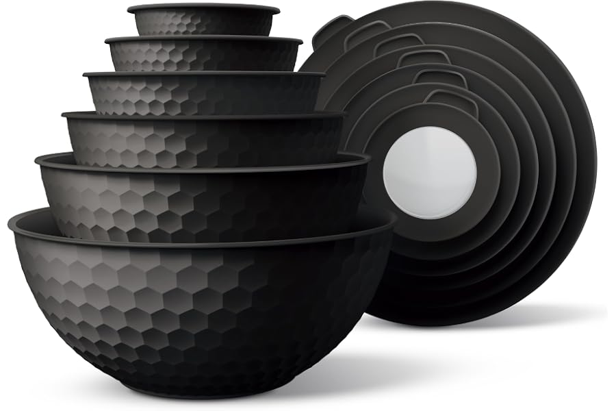 COOK WITH COLOR Mixing Bowls with Lids - 12 Piece Plastic Nesting Bowls Set includes 6 Prep Bowls and 6 Lids, Microwave Safe Mixing Bowl Set, Black Embossed