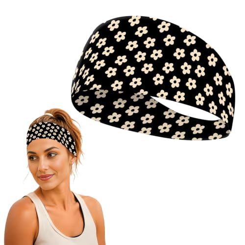 CVNBFJI Fashion Wide Headband for Women Men, Soft Running Headband for Fitness Workout, Cute Stretchy Sweatband Hairband Black Cute Daisy