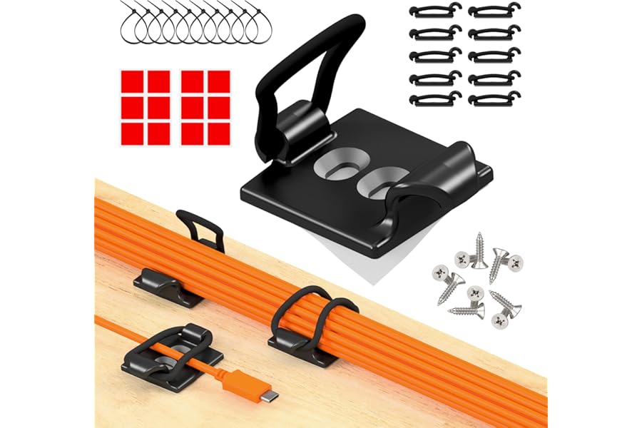CableGenie [Made in the UK] 10-Pack Adjustable Elastic Adhesive Cable Clips, Wire Management Holder, Cord Organizer for Home Office, Under Desk, Behind TV, Phone Charger, Laptop, PC, HDMI, USB (BLACK)