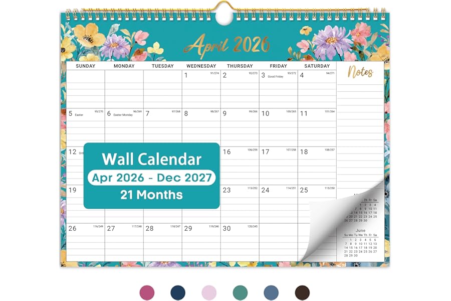 Calendar 2026-2027, Monthly Wall Calendar from April 2026 to December 2027, 11.5" x 14.7", Spiral Binding Hanging Wall Calendar, Perfect for Home or Office,Floral