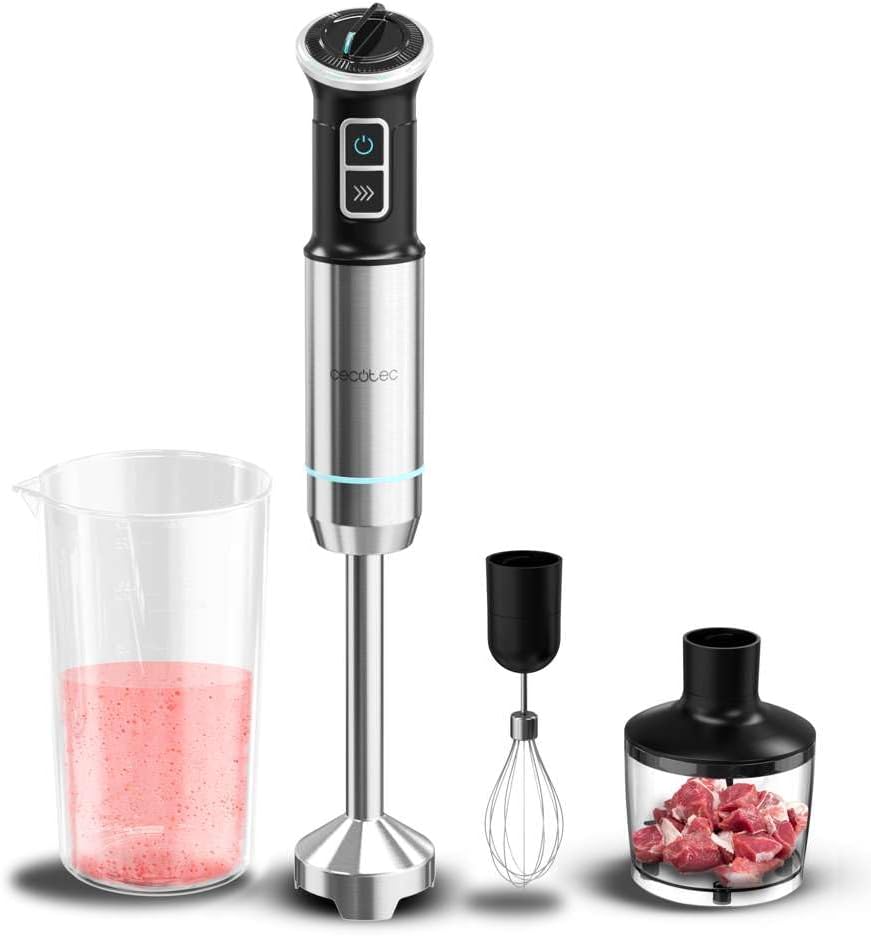 Cecotec Batidora de Mano Power Neutron 1100MAX Pro. 1100W Potencia Máxima, 4 Cuchillas Recubrimiento de Titanio, Velocidad Ajustable, Función Turbo, Pie XL, Vaso 800ml, Picadora y Varilla Montaclaras