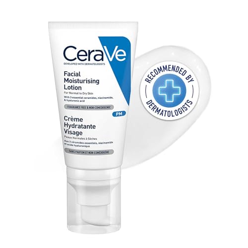 CeraVe, Loción Hidratante de Rostro PM, Para Piel Normal a Seca, Hidrata y Restaura la Barrera Protectora de la Piel, Enriquecida con Ceramidas Esenciales, Niacinamida y Ácido Hialurónico, 52ml