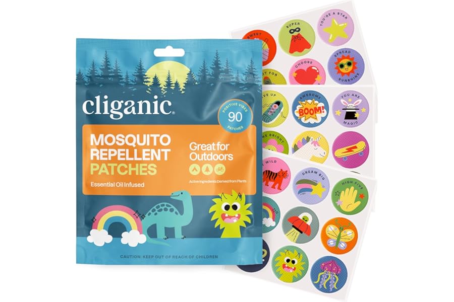 Cliganic Mosquito Repellent Stickers (90 Pack) - Positive Vibes Patches for Kids, Natural DEET-Free, Essential Oil Infused