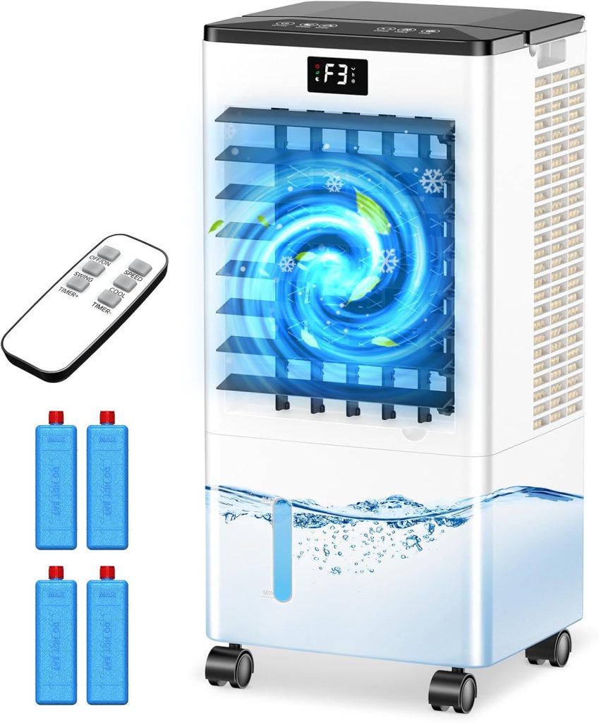 Climatiseur Mobile, 3 Modes & 3 Vitesse, Minuteur 12H, 4 Boîtes des Glacières, Grand Réservoir d'Eau, Fonction d'Oscillation, 60W Refroidisseur d'Air Évaporation avec Écran pour Chambre Bureau