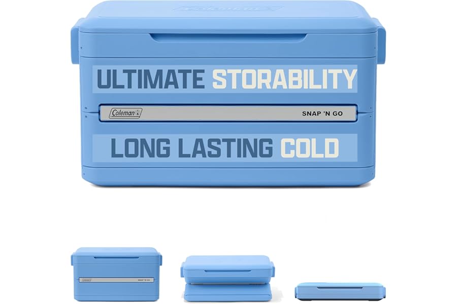 Coleman Snap N Go 35qt Collapsible Hard Cooler, Keeps ice Cold for up to 48 Hours, Holds up to 64 cans, Collapses up to 1/3 its Size, Can Hold up to 200 pounds, Blue Sky