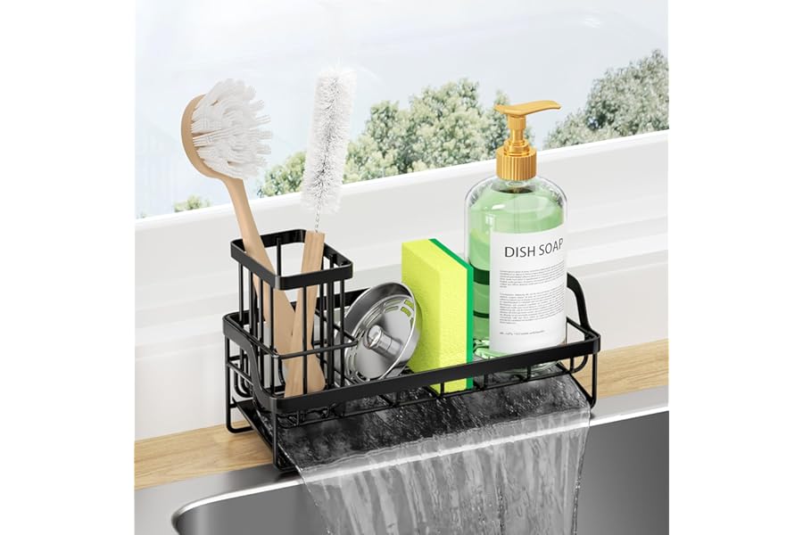 Consumest Sponge Holder for Kitchen Sink - Sink Caddy with Stainless Steel Self Drain Tray, Sink Organizer with High Brush Holder Countertop for Kitchen Sink Accessories, Black