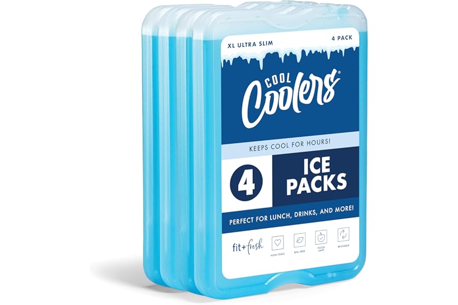 Cool Coolers by Fit & Fresh 4 Pack XL Slim Ice Packs, Quick Freeze Space Saving Reusable Ice Packs for Lunch Boxes or Coolers