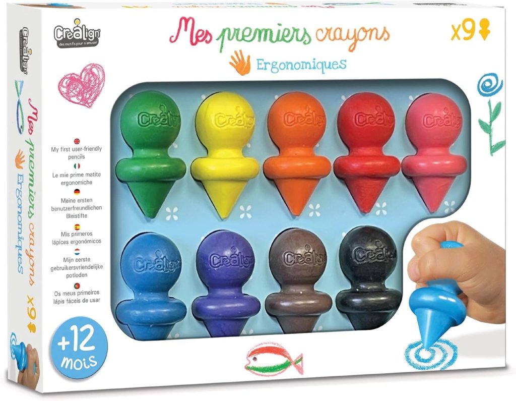 Créa Lign | Crayons de Cire Ergonomiques Bébé +12 Mois | Mes Premiers Crayons | 9 Couleurs Faciles à Tenir | Activité Manuelle et Découverte du Dessin