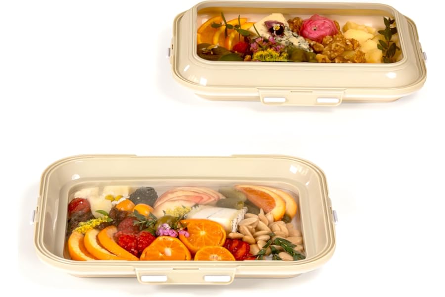 Crudités | Portable Snack Tray | Rectangle 2-Pack | Cream White | Reversible Stretch Lid Food Containers | BPA-Free, Freezer & Dishwasher Safe | Meal-Prep, Charcuterie, Salads, Picnic, Travel
