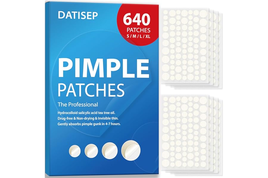 DATISEP Pimple Patches for Face, 640 Count Hydrocolloid Patch Acne Patches,4 Sizes Zit Patches for Covering, Blemishes and Br