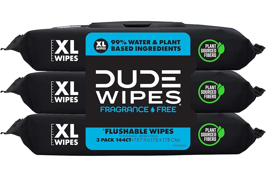 DUDE Wipes Unscented Flushable Wipes - Extra-Large Adult Wet Wipes for Sensitive Skin - 3 Pack (144 Count) - Infused with Vitamin E and Aloe - Septic and Sewer Safe