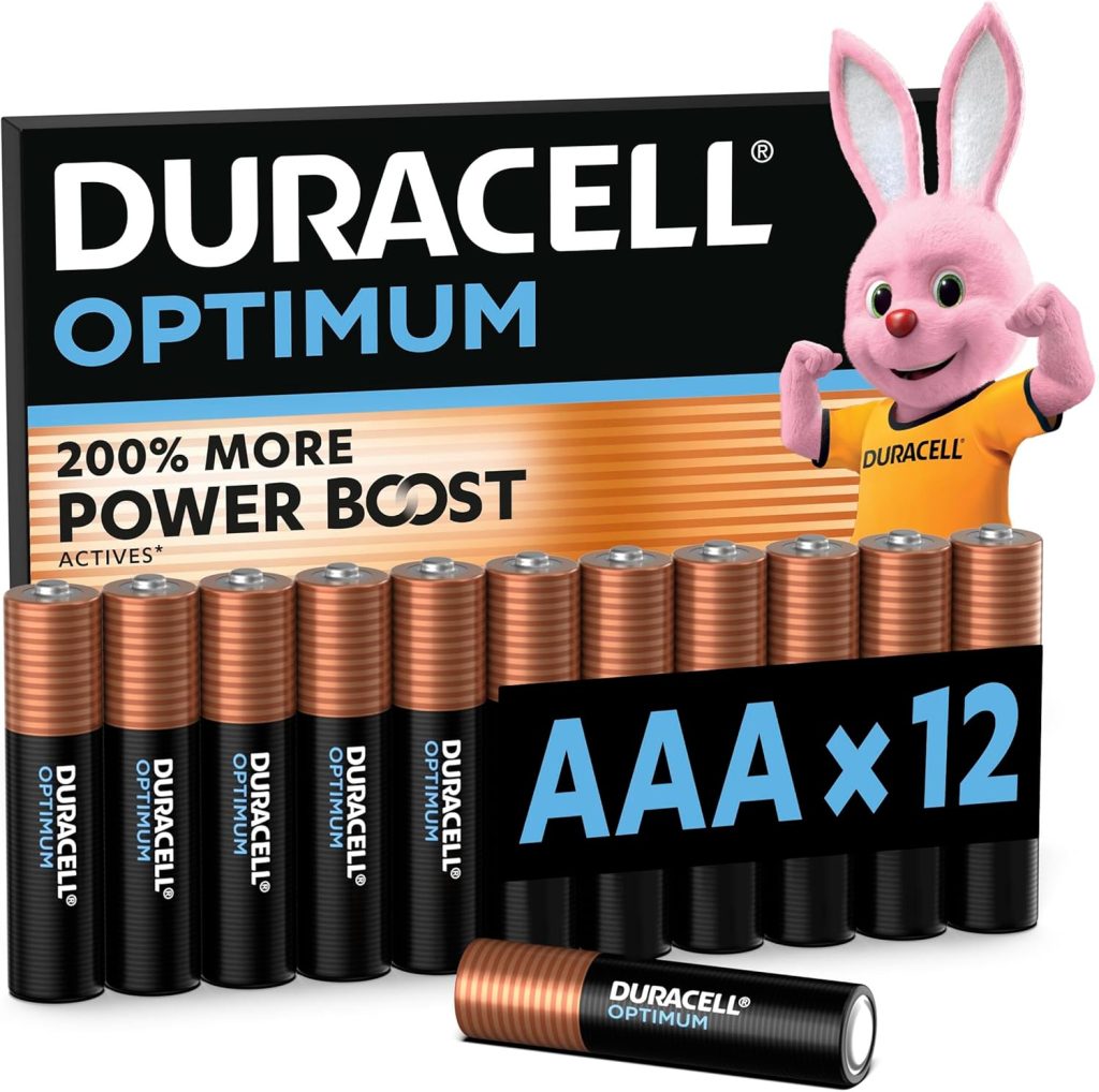 DURACELL Optimum Piles AAA (Lot de 12) – Piles Alcalines 1,5V – +200 % d’actifs Power Boost – Répondent aux exigences des appareils modernes–100 % Recyclables, 0 % de plastique dans l’emballage–MX2400