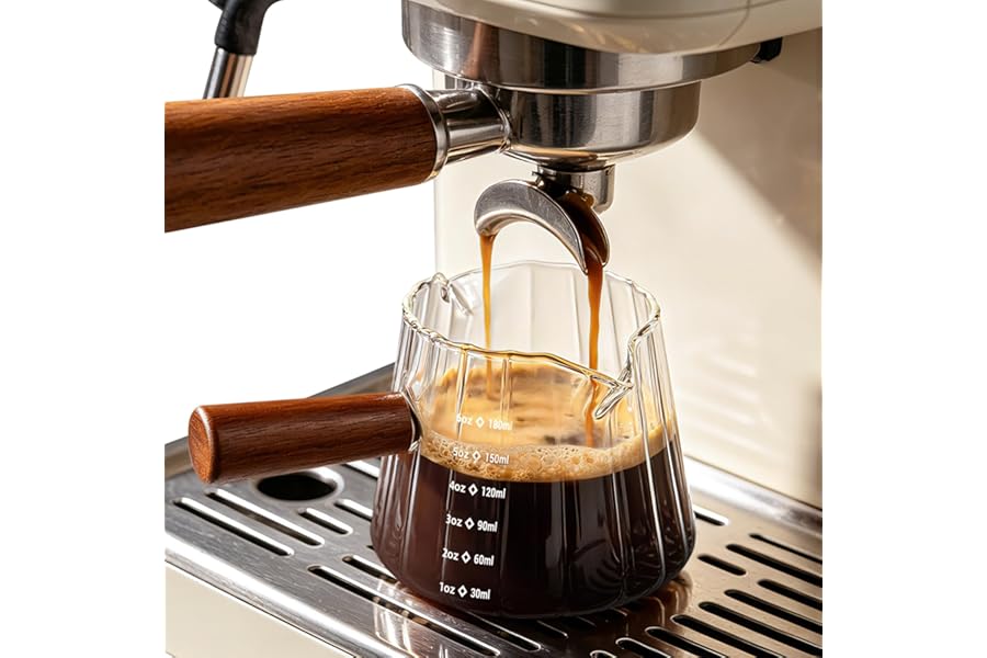 DWTS DANWEITESI Espresso Cups: Coffee Bar Accessories and Espresso Accessories - 6oz Glass Measuring Cup - Double Spout Expresso Shots Cup - Double Espresso Cups with Wood Handle 1Pcs
