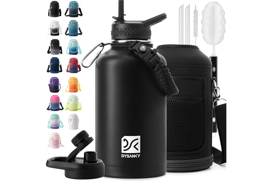 DYSANKY Insulated Water Bottle | Thickened Stainless Steel Vacuum Metal | Portable Sports Half Gallon Large Water Jug for Gym and Hiking with Straw, Carrier Bag, Handle Strap | BPA-Free 64 oz