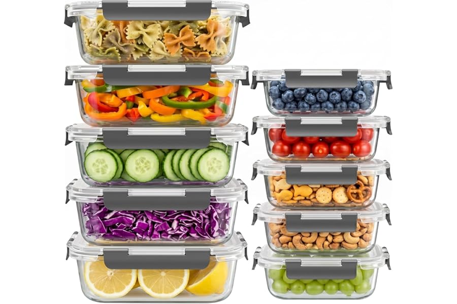 Dealusy 10 Sets (20-Piece) 4.5 Cup & 1.5 Cup Glass Food Storage Containers with lids, Airtight Leak-proof Glass Meal Prep Containers with Lids, Microwave Oven Freezer Dishwasher Safe, Gray