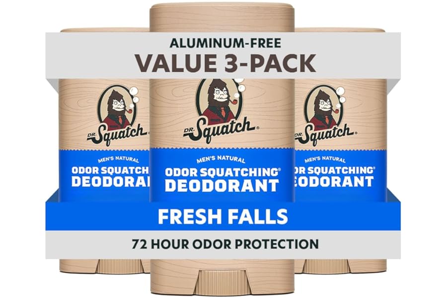 Dr. Squatch Natural Men’s Deodorant – Aluminum Free Natural Deodorant Men with Charcoal & Postbiotics for 72-Hour Odor Protection – Fresh Falls, 2.65oz Stick (3-Pack)