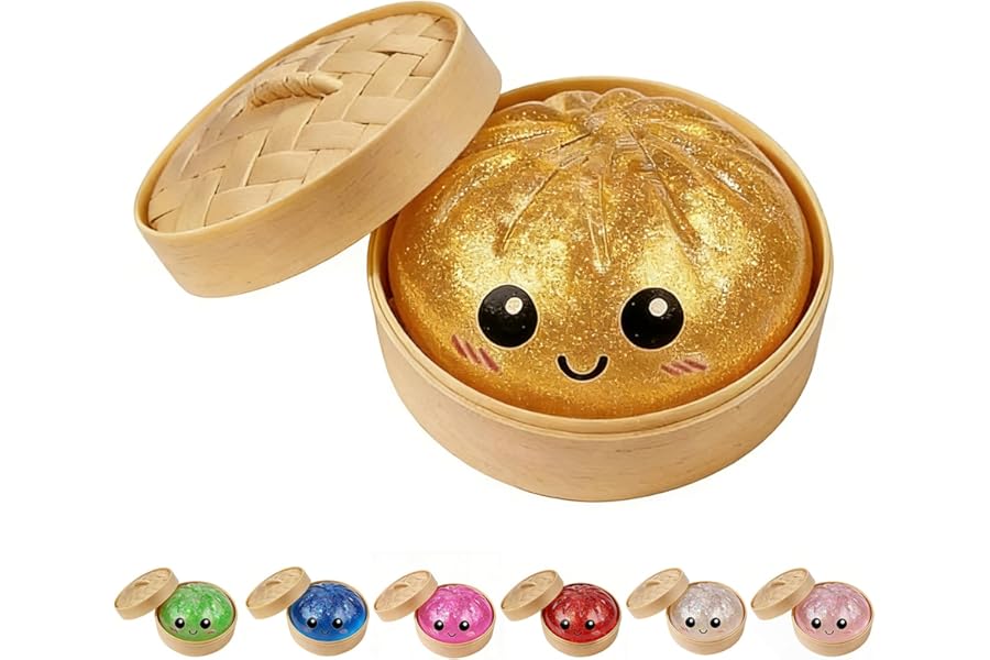 Dumpling Squishies, Dumpling Mystery Box, Colorful Dumplings Stress Balls Toy, Stocking Stuffers with Food Steamer Stretchy Desk Toys (Golden)