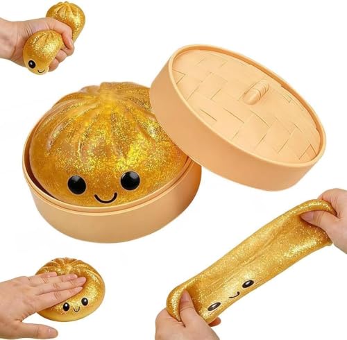 Dumpling Squishies, Glitter Dumpling, Glitter Dumplings Squishy with Box, Dumplings Sensory Squeeze Toy for Stress Relief Stretchy Desk Toys (Gold)