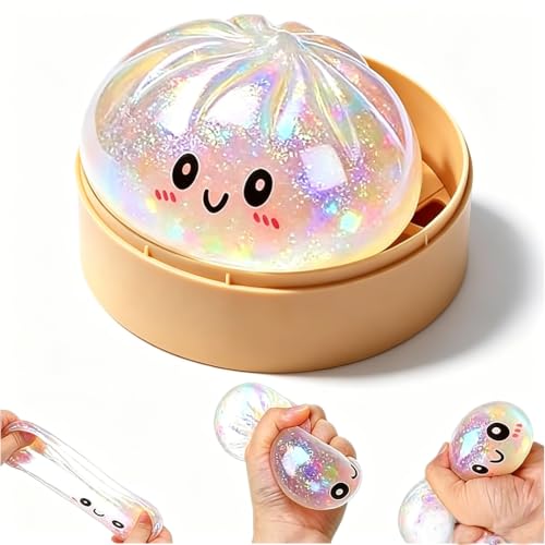 Dumpling Squishies, Glitter Dumpling Mystery Box, Fidget Sensory Toy for Adults,Colorful Dumplings Stress Balls with Food Steamer,Stretchy Desk Toys (Colorful 01)