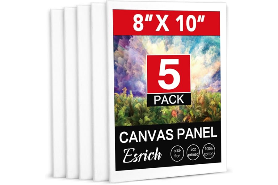 ESRICH Canvas Boards for Painting, 5 Pack Canvases for Painting 8x10 Cotton Primed Acid Free Blank Canvas Panels for Oil Paint, Watercolor, Acrylic Paint, Gouache and Tempera.