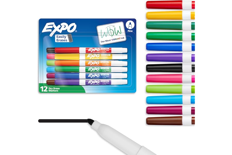 EXPO Dry Erase Markers, Low Odor Ink, Assorted Colors, Fine Tip, 12 Count - Back to School, Teacher, Classroom, Office Supplies
