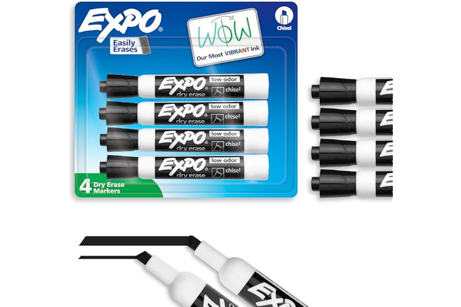 EXPO Dry Erase Markers, Low Odor Ink, Black, Chisel Tip, 4 Count - Whiteboard, Calendar, Organization, Essential Supplies for Office, School, Classroom, Teachers