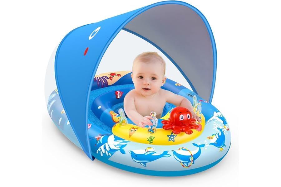EZIGO Baby Pool Float with Canopy UPF50+ Sun Protection, Inflatable Kids Pool Floats with Ocean Animal Toys for Baby 6-36 Months, Infant Swimming Float with Adjustable Safety Seat for Boys Girls