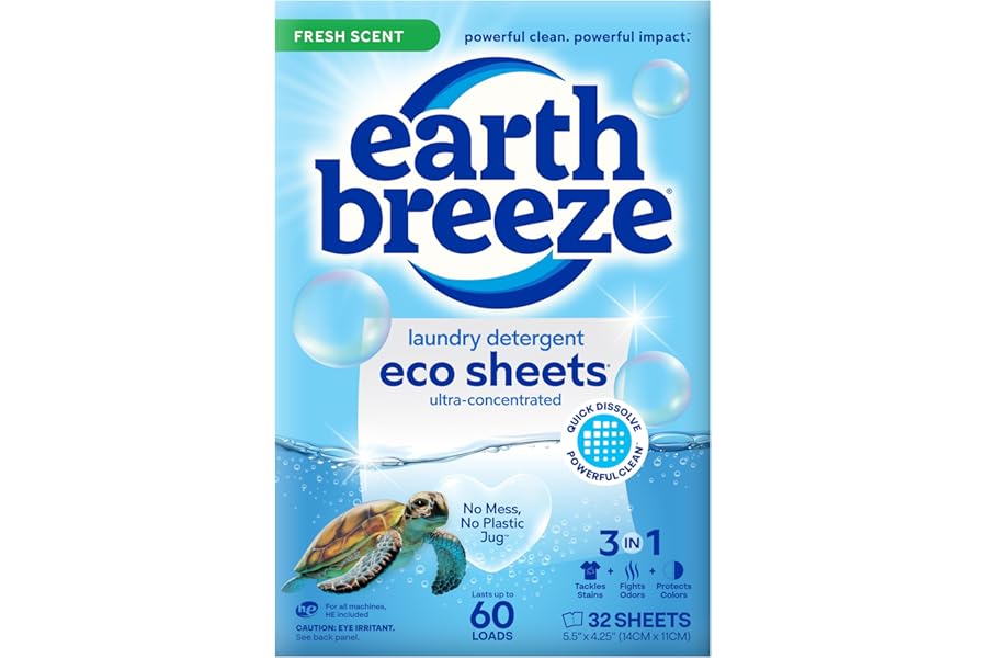 Earth Breeze Laundry Detergent Sheets Fresh Scent - 60 Loads Eco Liquidless Soap - Travel-Friendly for Hot & Cold Cycles, Tackles Tough Stains & Odors - Gentle on Skin, 30 Ct