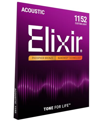 Elixir Strings, Acoustic Guitar Strings, Phosphor Bronze with NANOWEB Technology, Longest-Lasting Rich and Full Tone For Life with Comfortable Feel, 6 String Set, Custom Light 11-52