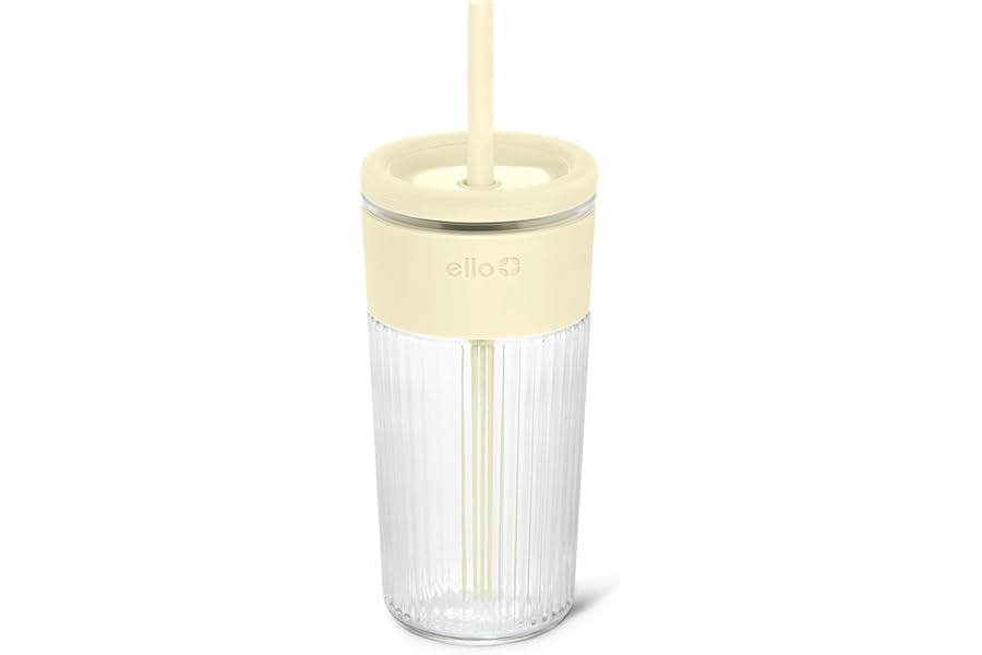 Ello Ava 18oz Glass Tumbler with Straw and Lid | Premium Ribbed Glass with Silicone Grip, Car Cup Friendly, Dishwasher Safe, BPA Free | Iced Coffee, Water, Matcha, Juice Cup | Lemon