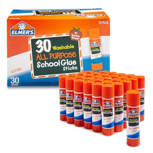 Elmer's All Purpose School Glue Sticks, Acid-Free and Washable, Clear, 7 Grams, 30 Count - Craft Projects, Poster, Classroom Supplies, #1 Teacher Brand
