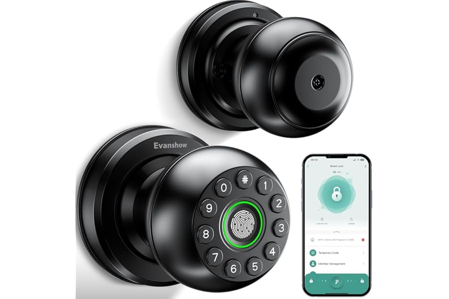 Evanshow Smart Door Knob Fingerprint Lock 4-in-1 Keyless Entry (Fingerprint/App/Code/Key) Biometric Door with Auto-Lock Easy Install for Home/Bedroom/Office-Black
