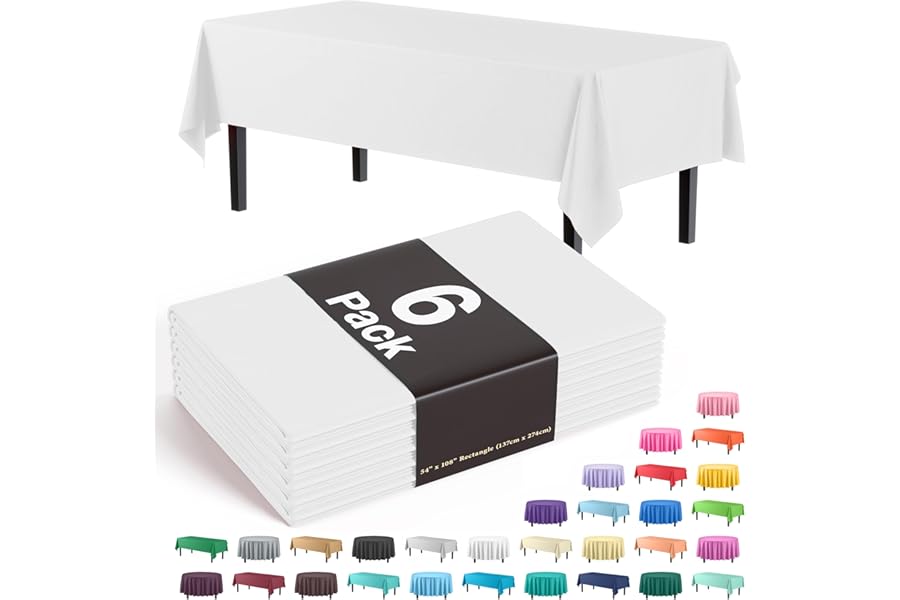 Exquisite Party Solids 6-Pack Premium Plastic Tablecloth 54in. x 108in. Rectangle Plastic Table Cover - White