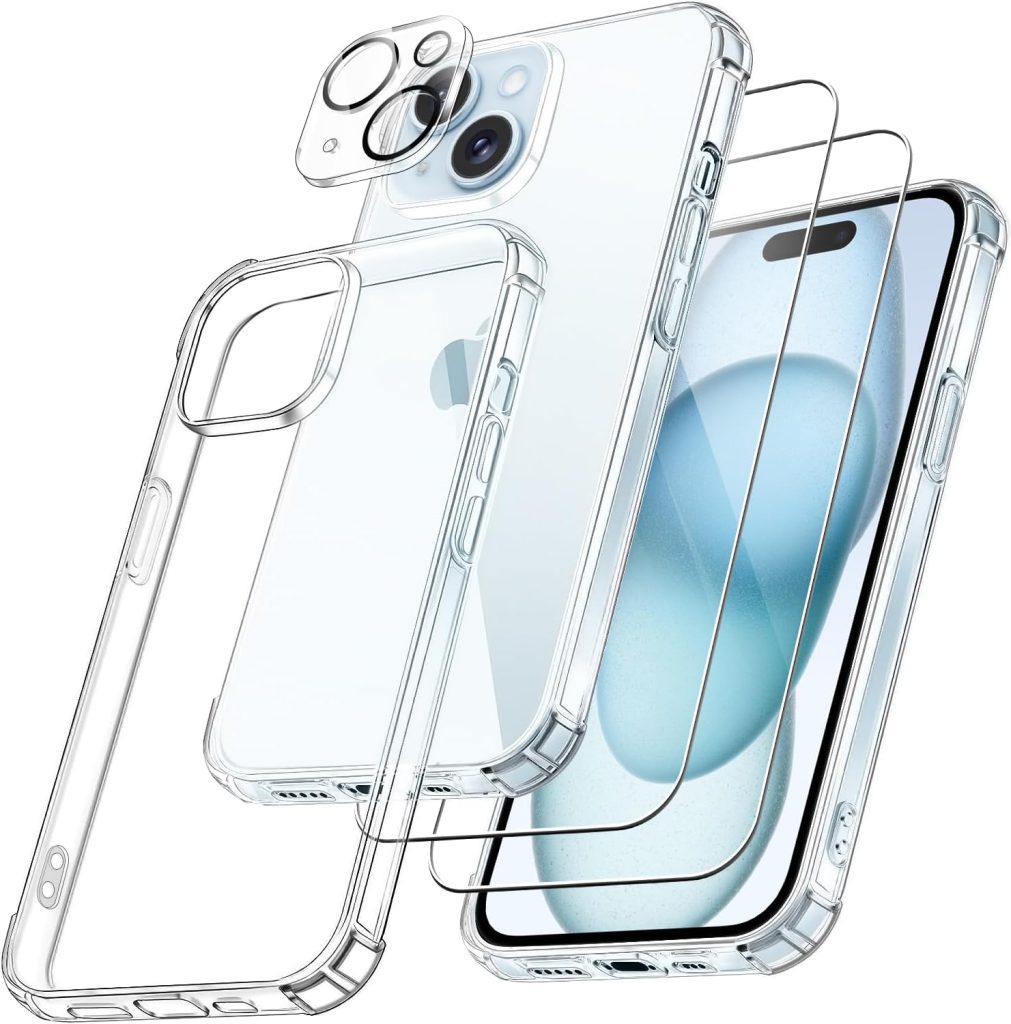 FLLAO 4 en 1 Coque pour iPhone 15 avec 2 Verre Trempé et 1 Caméra Protecteur, [Coussin d'air Intégré] Antichoc Antirayures Bumper Protection Housse pour iPhone 15 6.1", Transparent
