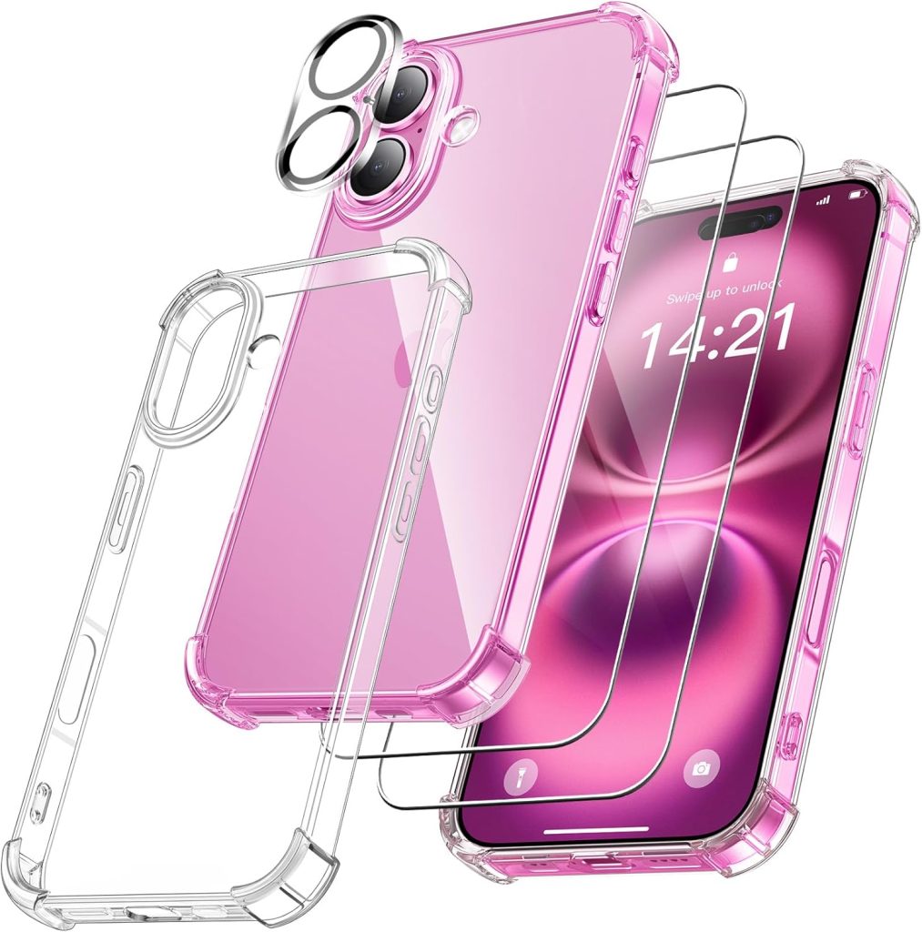 FLLAO 4 en 1 Coque pour iPhone 16 avec 2 Verre Trempé et 1 Caméra Protecteur, [Coussin d'air Intégré] Antichoc Antirayures Bumper Protection Housse pour iPhone 16 6.1", Transparent