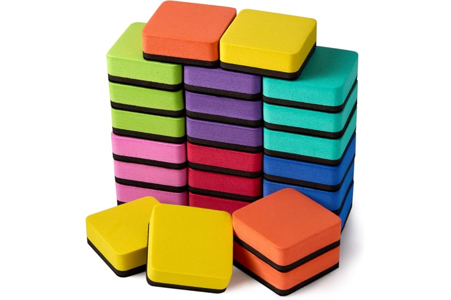 Favide 24 Pack Magnetic Whiteboard Dry Erase Erasers Chalkboard Cleansers for Classroom, School Supplies and Office (Square, 8 Color)