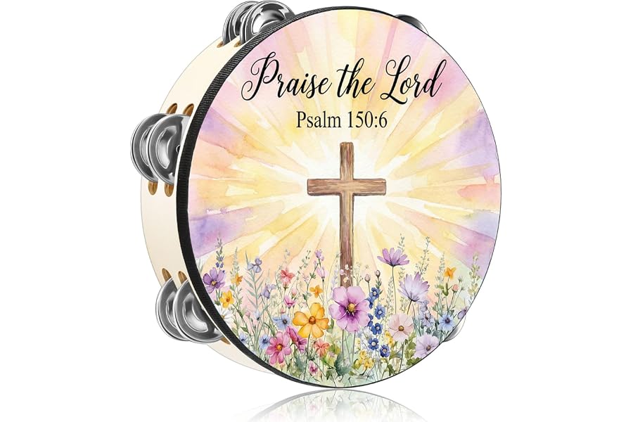 Fiada Tambourines for Adult 8 Inch Church Christian Dance Tambourine Double Row Jingle Bible Hand Bell Drum for Church Pray Party Percussion Musical Instrument Hand Bell Clap Drum(Praise the Lord)